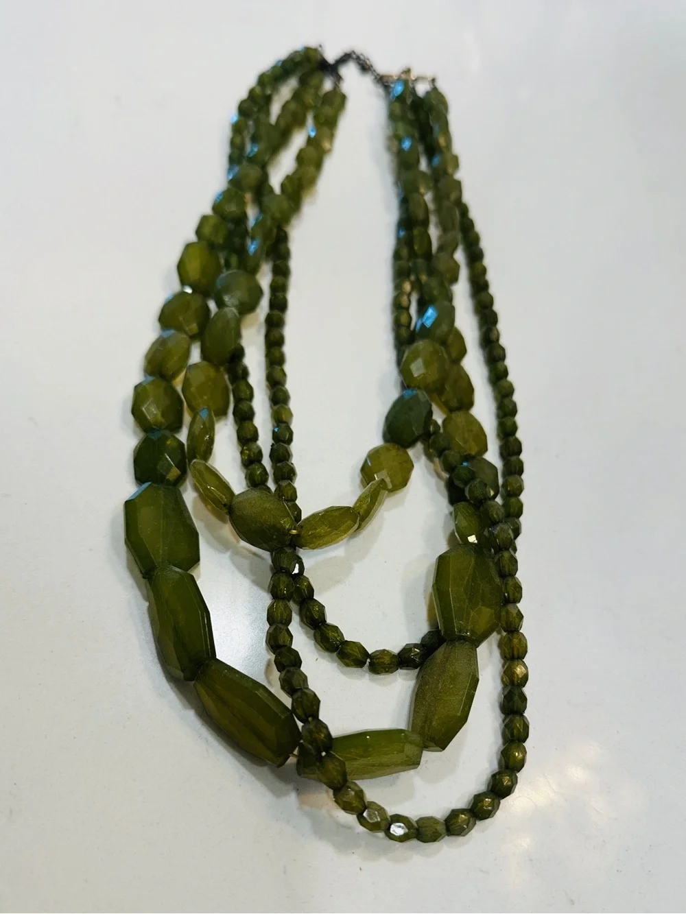 Olive Green Multi Strand Beaded Statement Necklace Layered Boho Artisan Jewelry